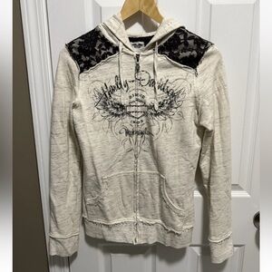 Women's Harley Davidson Hoodie Small Cream Lace Trim Pockets Full Zipper Vintage